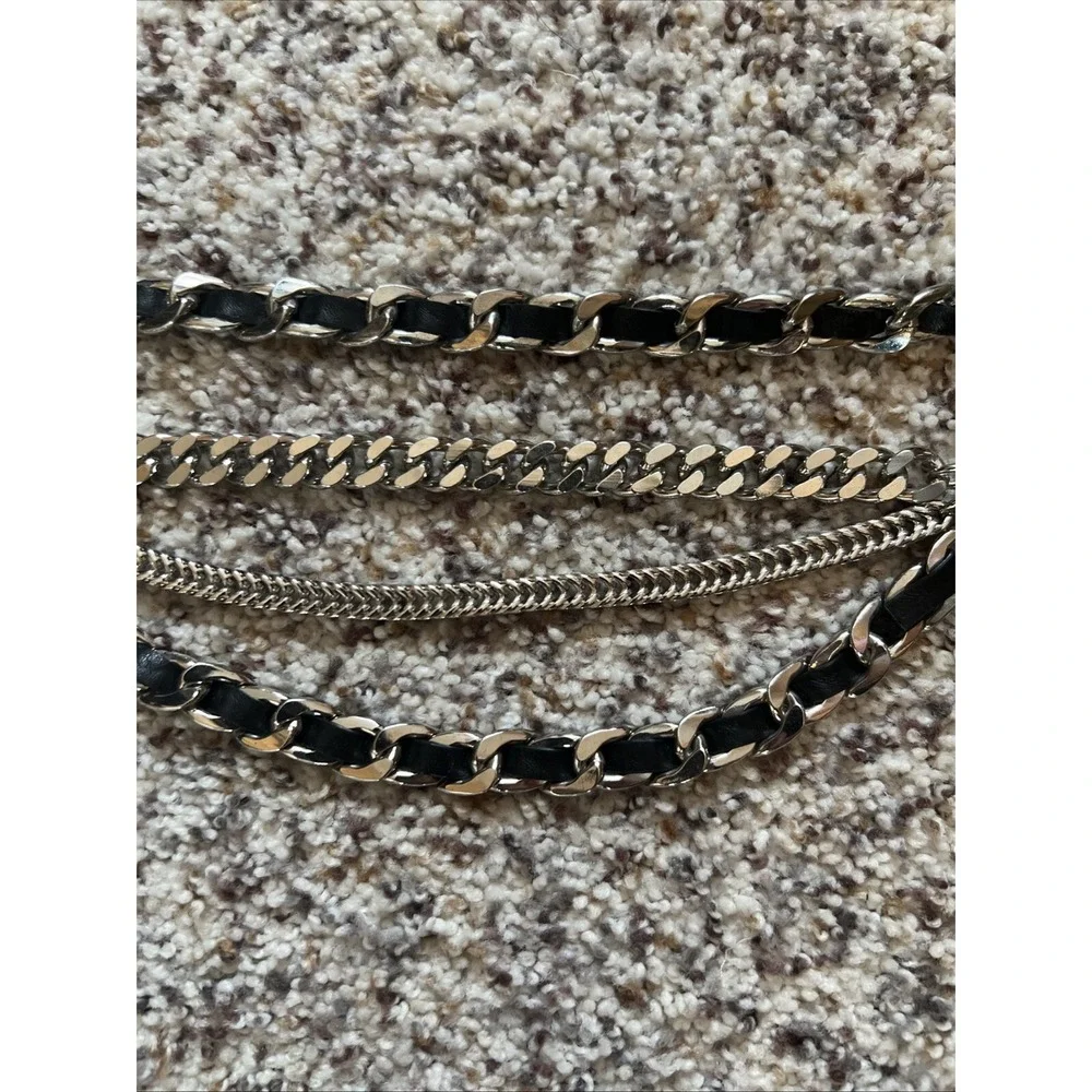 MICHAEL KORS New MK Logo Chain Leather Belt Black Silver 3 Layers On Front 42